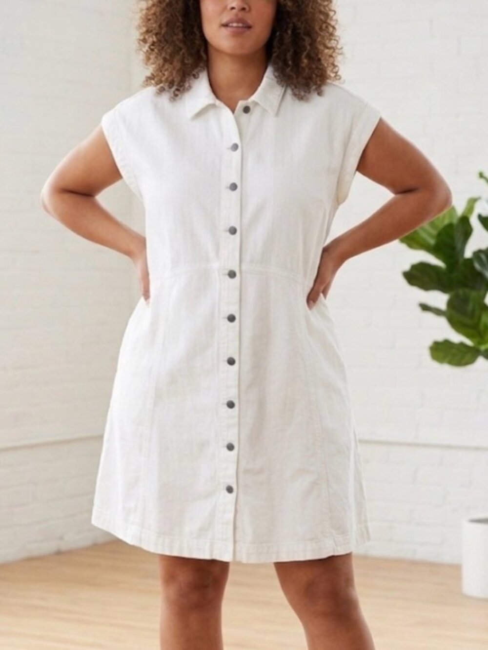 Cream Button-Front Sleeveless Shirt Dress